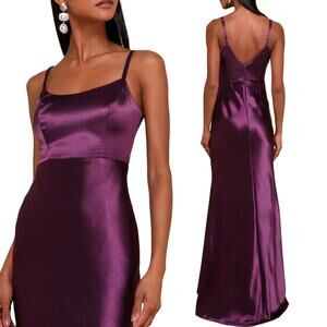 Lulus Make You Shine Satin Gown Mermaid Hem Maxi Dress Dark Purple NEW Womens M